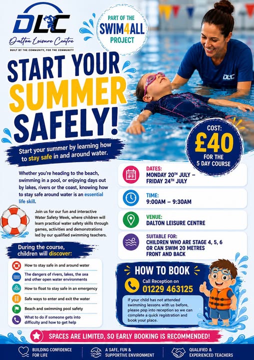 A poster for Start Summer Safely with details of the event. There is a photo of a woman in blue T-shirt, supporting a child floating on their back in the water. The child has a blue swimsuit and pink goggles. Cartoon drawings of a lifebelt and boy wearing a lifejacket with a thumbs up also appear.