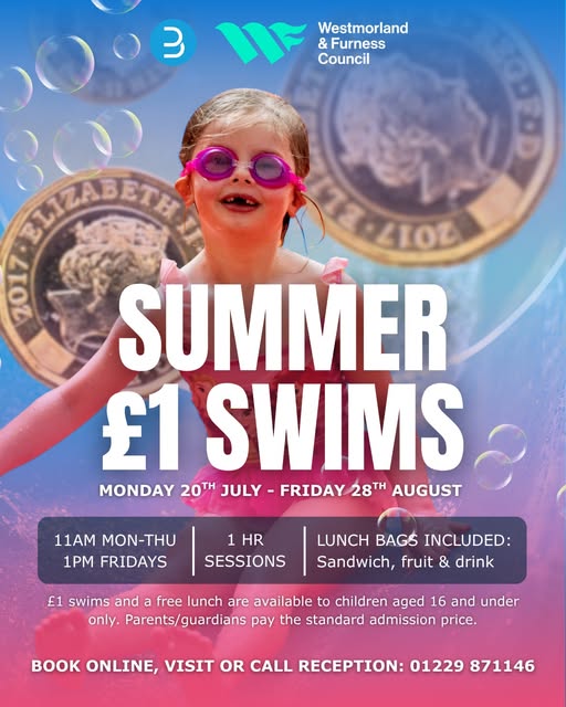 A poster for Summer £1 Swims, with a photo of a young girl wearing pink swimsuit and goggles. There are gigantic £1 coins behind here and bubbles.