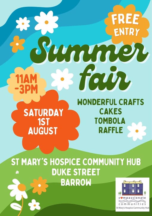 Abstract poster for Summer fair, with curved bands of colour representing sky and grass. There are flower shapes in white and yellow, and text in coloured cloud shapes - orange, cream and yellow.
