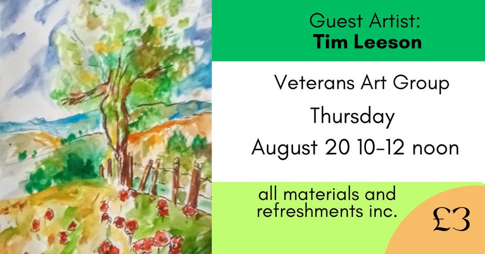 A graphic for Veteran Art Group, in shades of green and white. There is an image of a painting of a tree, with mountains and hills behind, a fence, and red flowers.