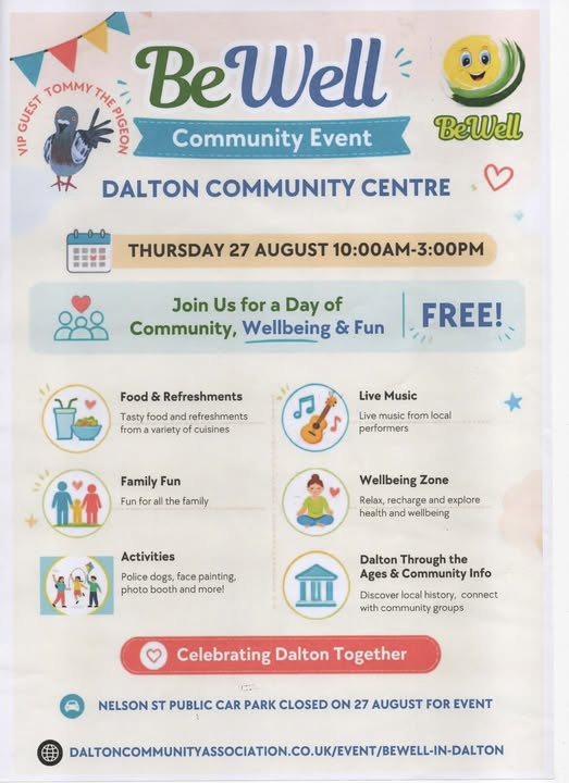 A poster for the BeWell event, including a cartoon pigeon, and round graphics representing food, a family, activities, live music and wellbeing.