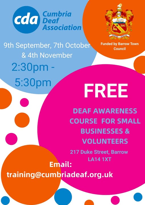 A poster for Deaf Awareness Course, with text over circles in pale blue, pink and orange