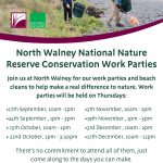 A poster for the Work Parties, with dates of future events. There is a photo of three people on the edge of grassy dunes, and a pebble beach edge, with sand beyond. They are wearing warm clothes and backpacks, and are using litter pickers to put rubbish into green pop-up bins.