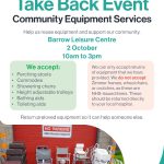 Poster for the Take Back Event, with text in pink and green boxes. There is a photo of stacks of equipment in front of a red garage door, including commode chairs on wheels, raised toilet sets on frames.