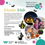 Graphic for Monster Mash. There are three round photos, showing an evil grinning pumpkin illuminated from inside, two children dressing in witch and skeleton costumes, and a toddler dressed in pumpkin-face orange dungarees holding an orange.