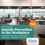 Poster for the Suicide Prevention session, with text in purple and green areas. There is a photo of the interior of what could be a canteen, with tables and chairs in front of large window wall. There are a few people sat at the tables.