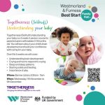 Graphic for the Togetherness event, with title text in a handwriting-style font in bright colours. There are three photos, of smiling babies.